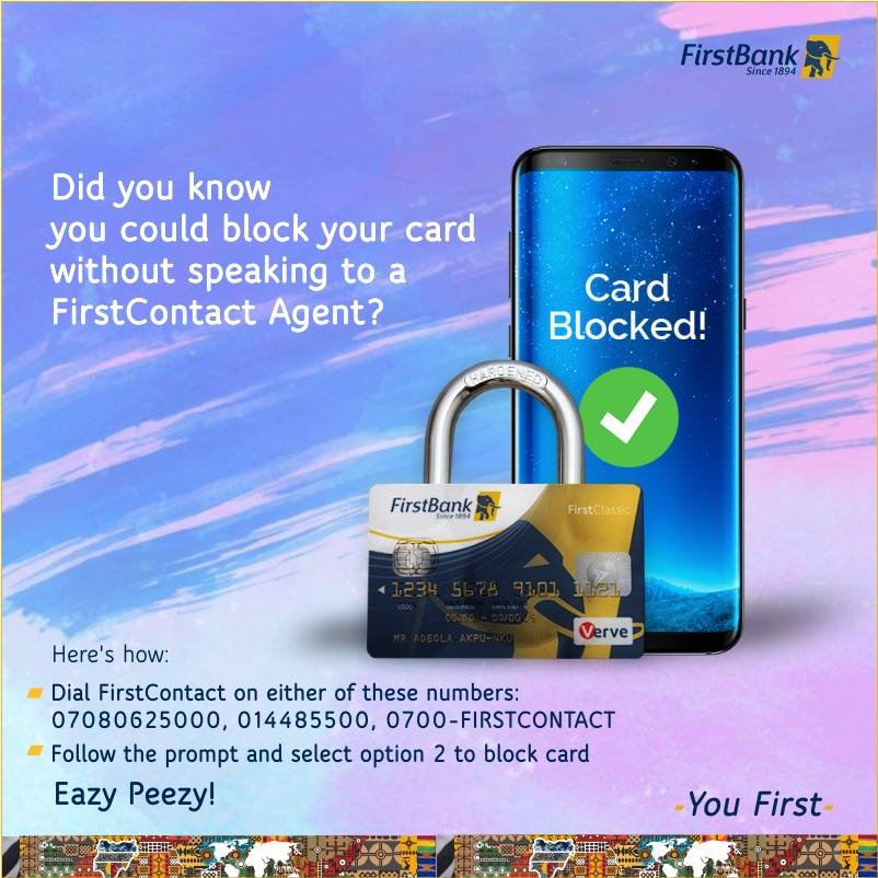 how to block First bank account and ATM CARD